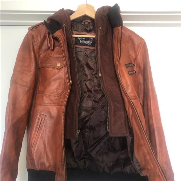 Men's Real Leather Brown Moto Bomber Jacket with Hood- Sizes XS, S - Picture 3 of 7